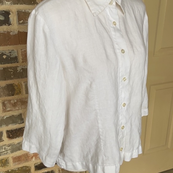 Vintage British Khaki White Linen Button Up Top Simple Classic 3/4 Sleeve Sz M - Picture 2 of 9
